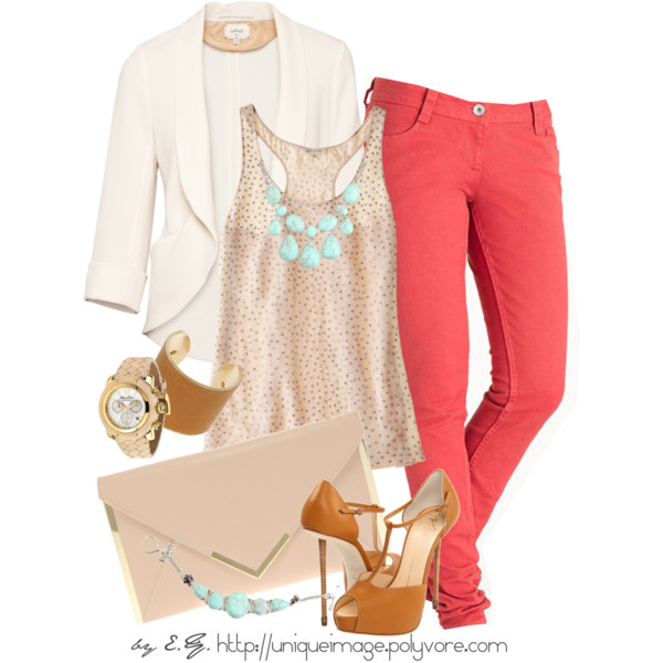 coral jeans outfit